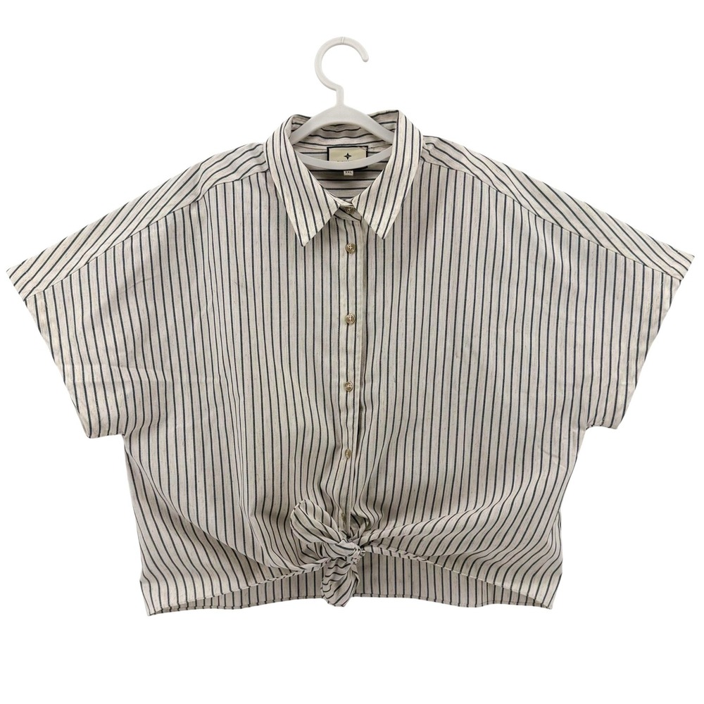 Tuckernuck Womens XXL Linen Striped Front Tie Short Sleeve Button Down Shirt